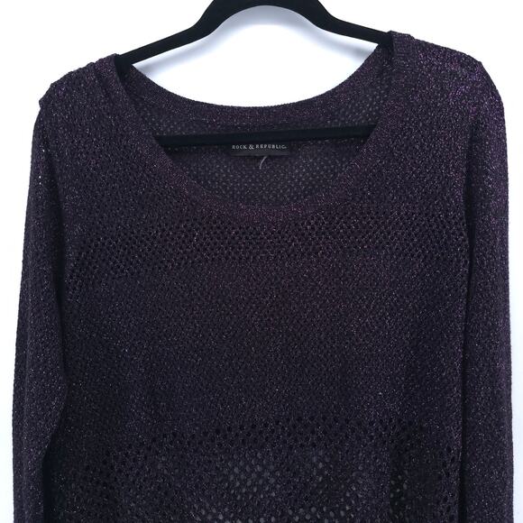 Rock & Republic Sheer Dk Purple Withcy Goth Mesh Knit Metallic Longsleeve Top M - Picture 2 of 9